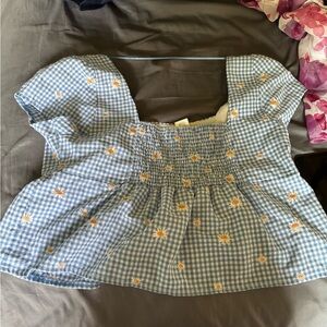 Blue Gingham Vintage Top with Floral Embroidery